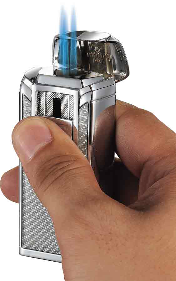 Visol Alec Iii Chrome and White Carbon Fiber Triple Torch Flame Lighter - Crown Humidors