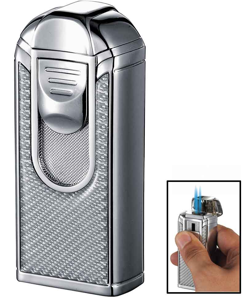 Visol Alec Iii Chrome and White Carbon Fiber Triple Torch Flame Lighter - Crown Humidors