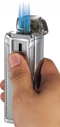 Visol Alec Iv Chrome and White Carbon Fiber Quad Torch Flame Table Lighter - Crown Humidors