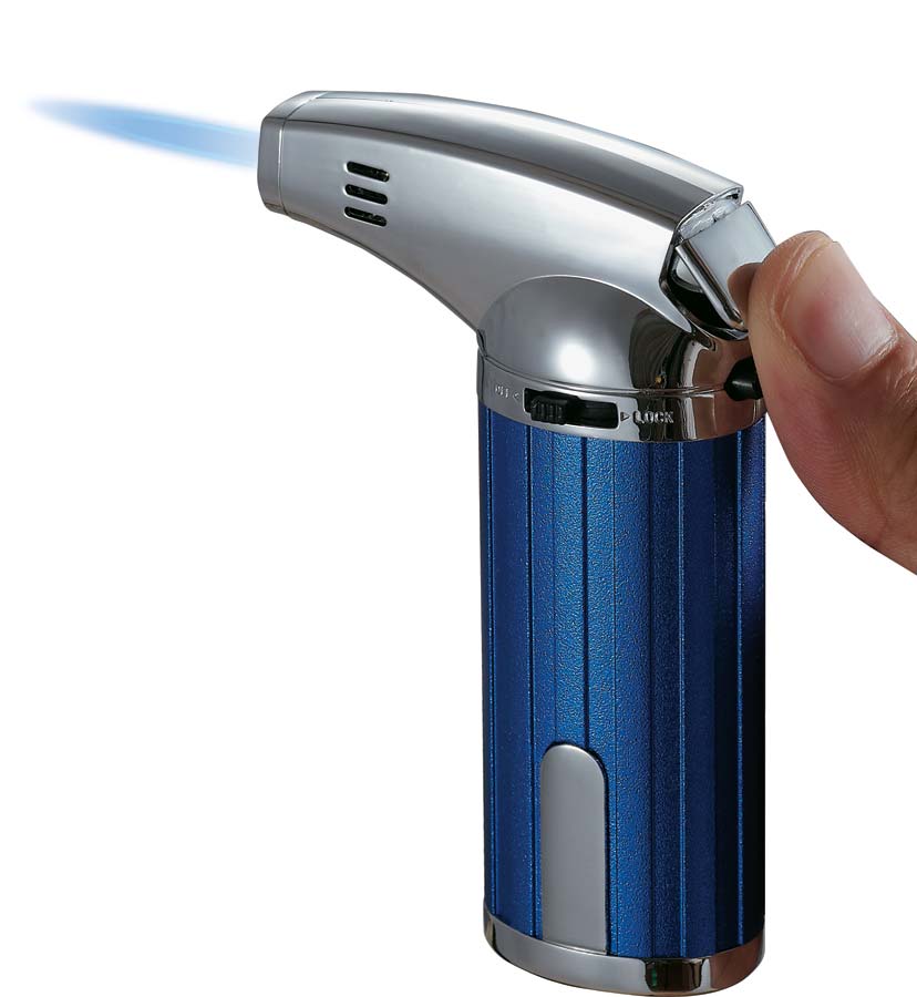 Visol Fiamma Blue and Chrome Mini Wind-resistant Jet Flame Table Cigar Lighter - Crown Humidors