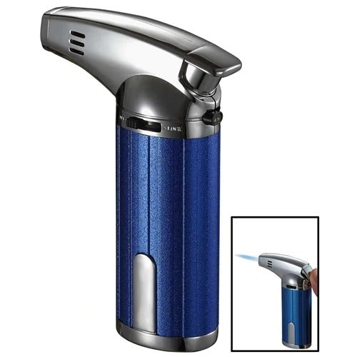 Visol Fiamma Blue and Chrome Mini Wind-resistant Jet Flame Table Cigar Lighter - Crown Humidors